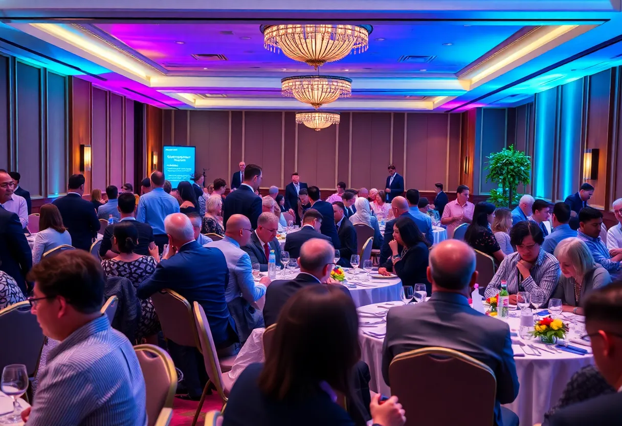 A lively economic luncheon with attendees discussing key issues.