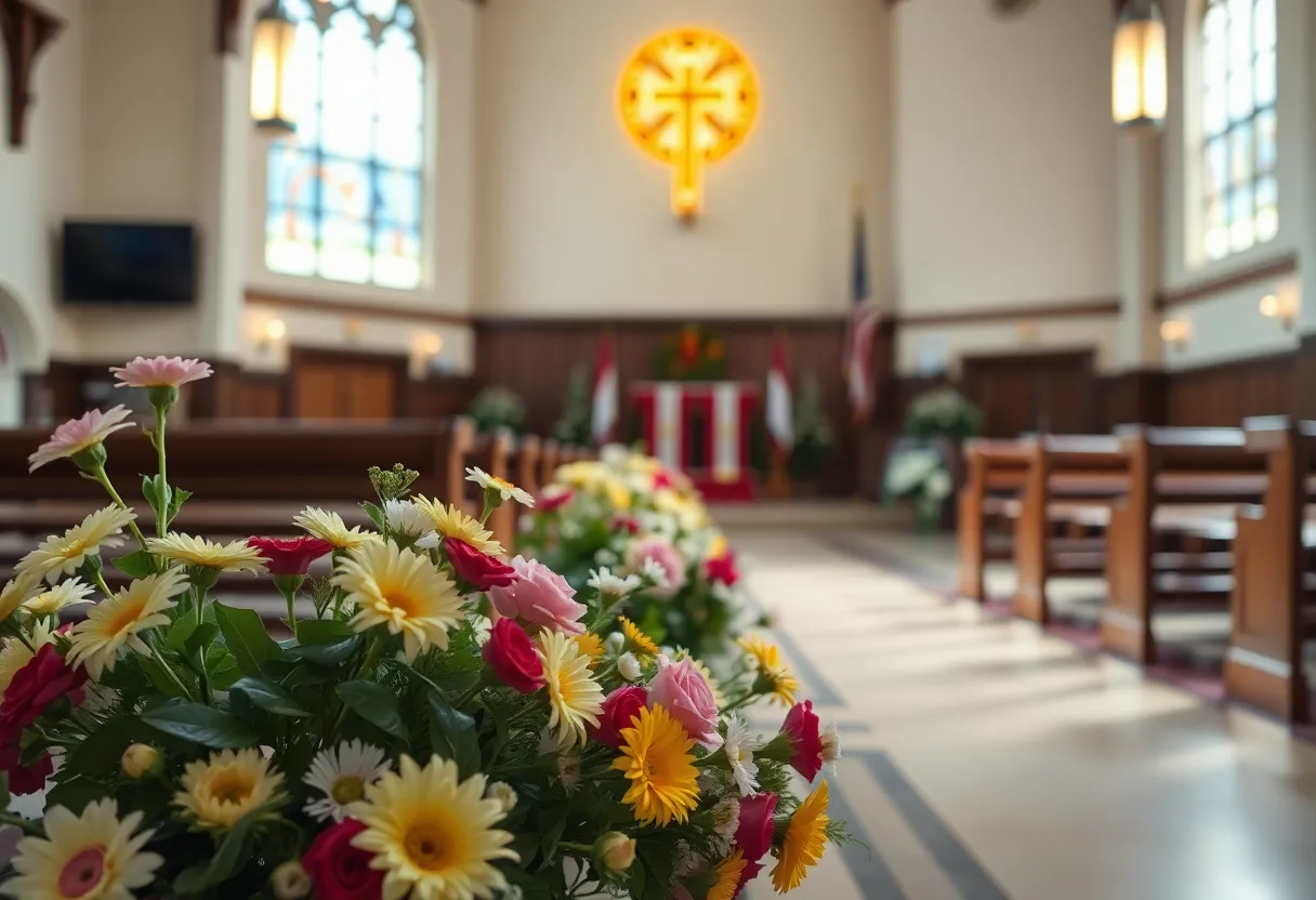 Memorial service for Edward F. Cornell at a community church with flowers