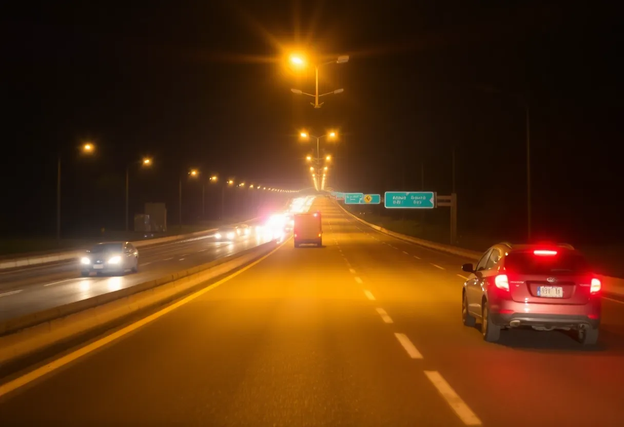 Emergency lights and a highway scene at night