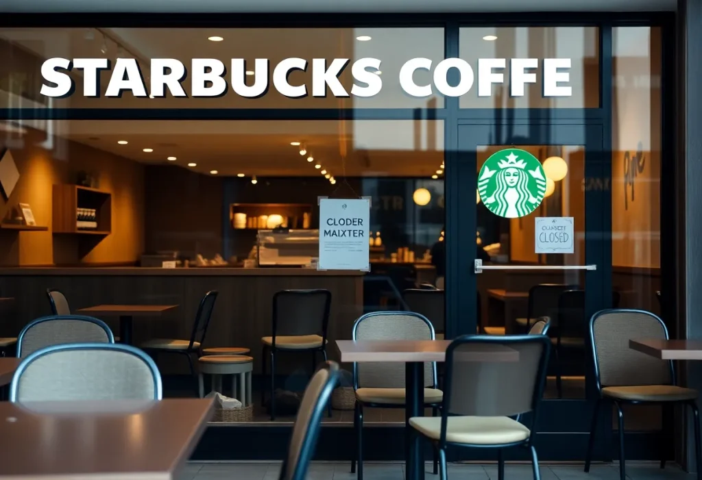 Closed Starbucks store with a cozy interior and a closed sign.