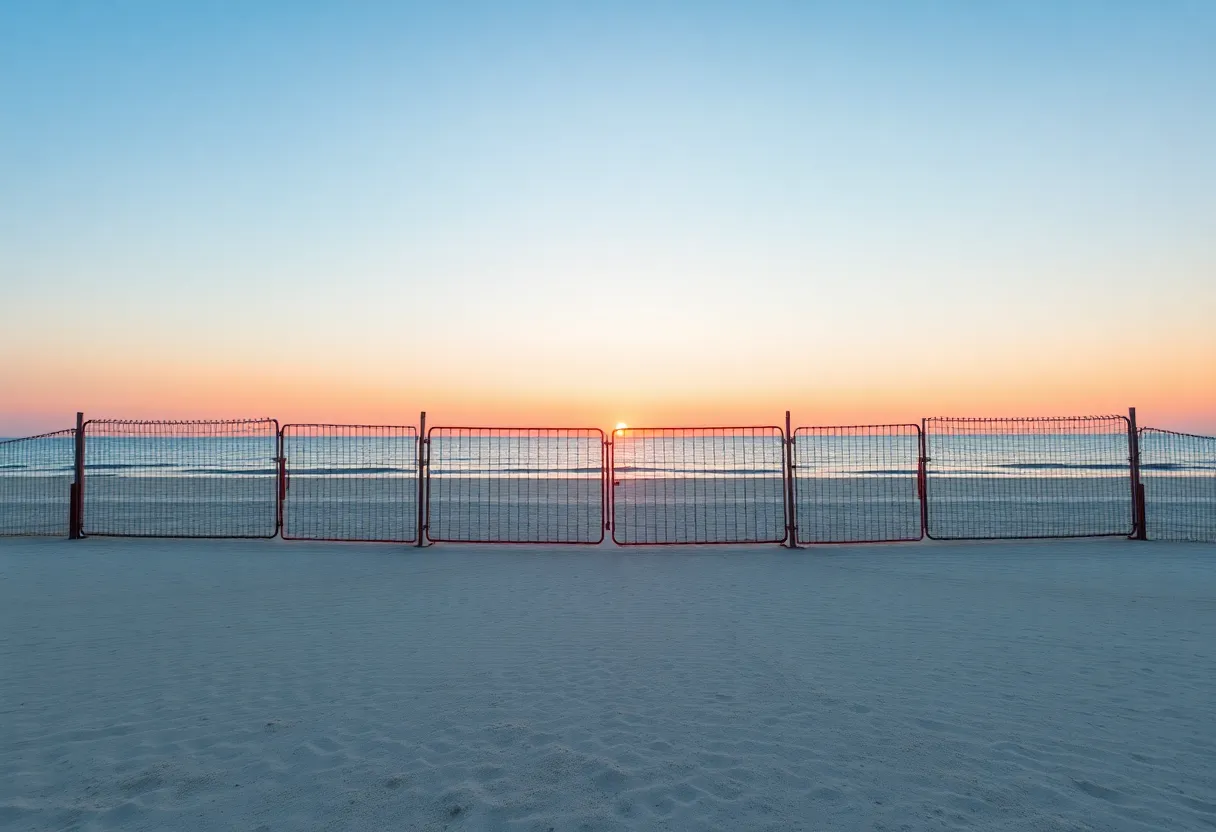 Empty Rhode Island beach with closed gates at sunset