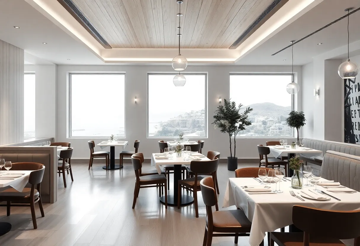 Interior view of Estiatorio Fili, a Greek restaurant in Providence