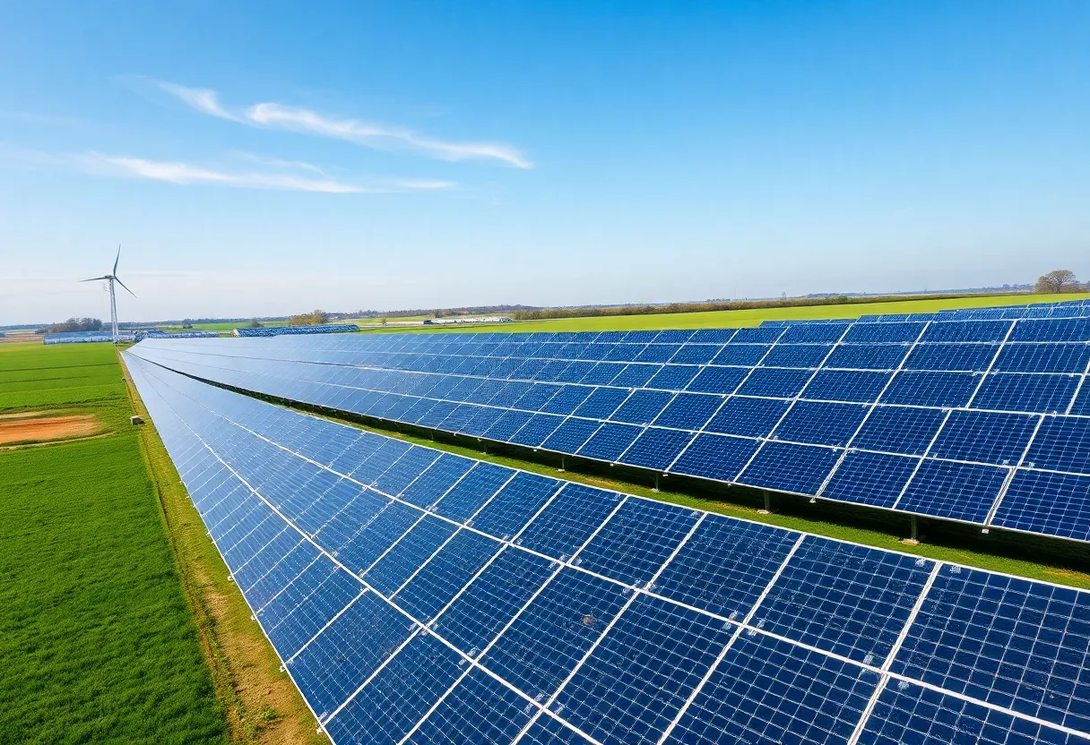 Aerial view of the Exeter Mail solar farm showing solar panels in a green landscape.