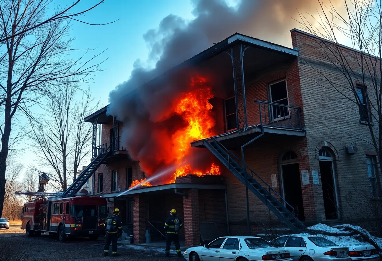 Firefighters extinguishing fire in abandoned building