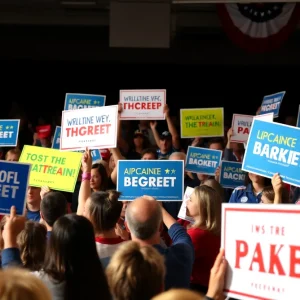 Supporters at a Helena Foulkes campaign rally in Rhode Island