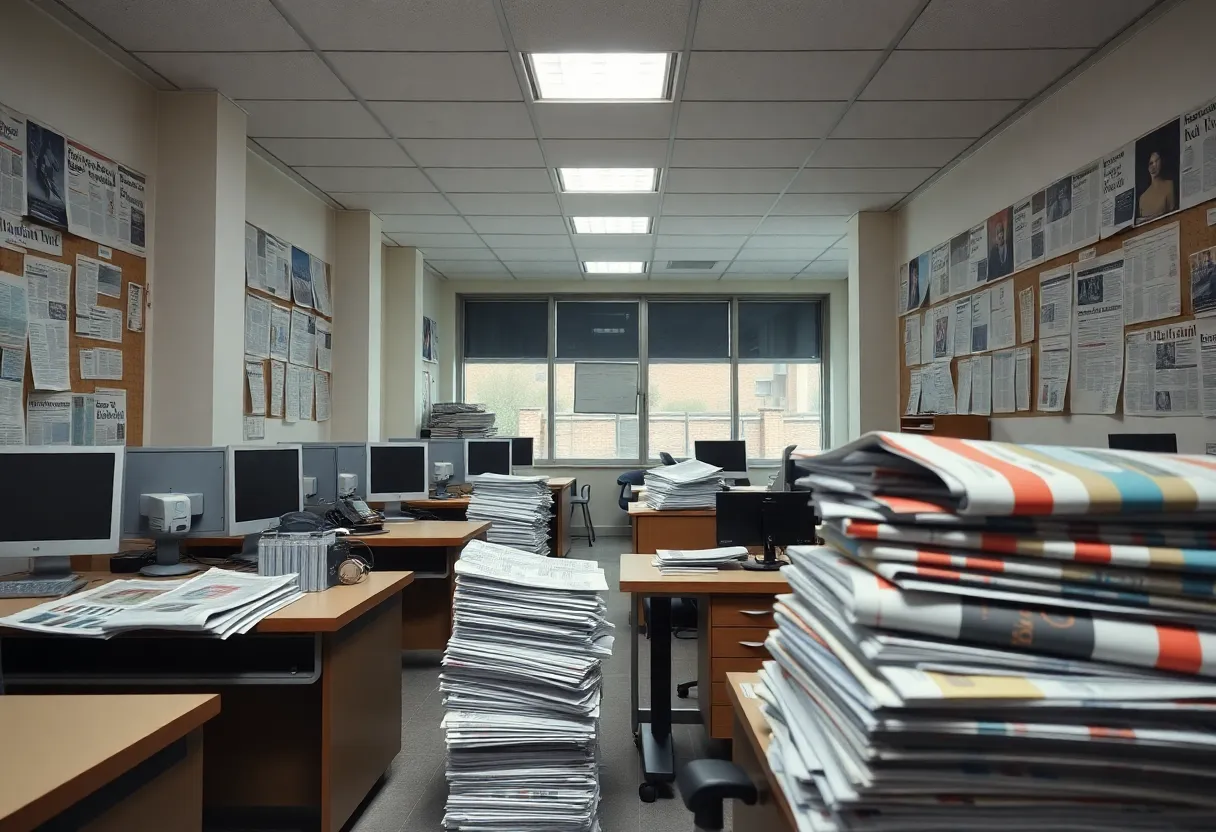Desks and paperwork in an empty newspaper office indicating a decline in print media.