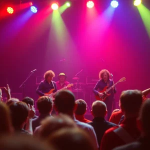 Live concert of a rock band with horns in a vibrant setting.