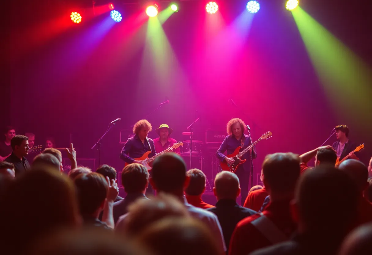 Live concert of a rock band with horns in a vibrant setting.