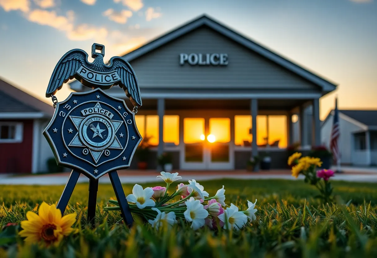A police badge and flowers at a memorial site for a police officer.