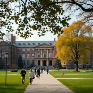 Campus view of Harvard University during autumn.