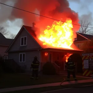 Firefighters extinguishing a house fire in a residential neighborhood