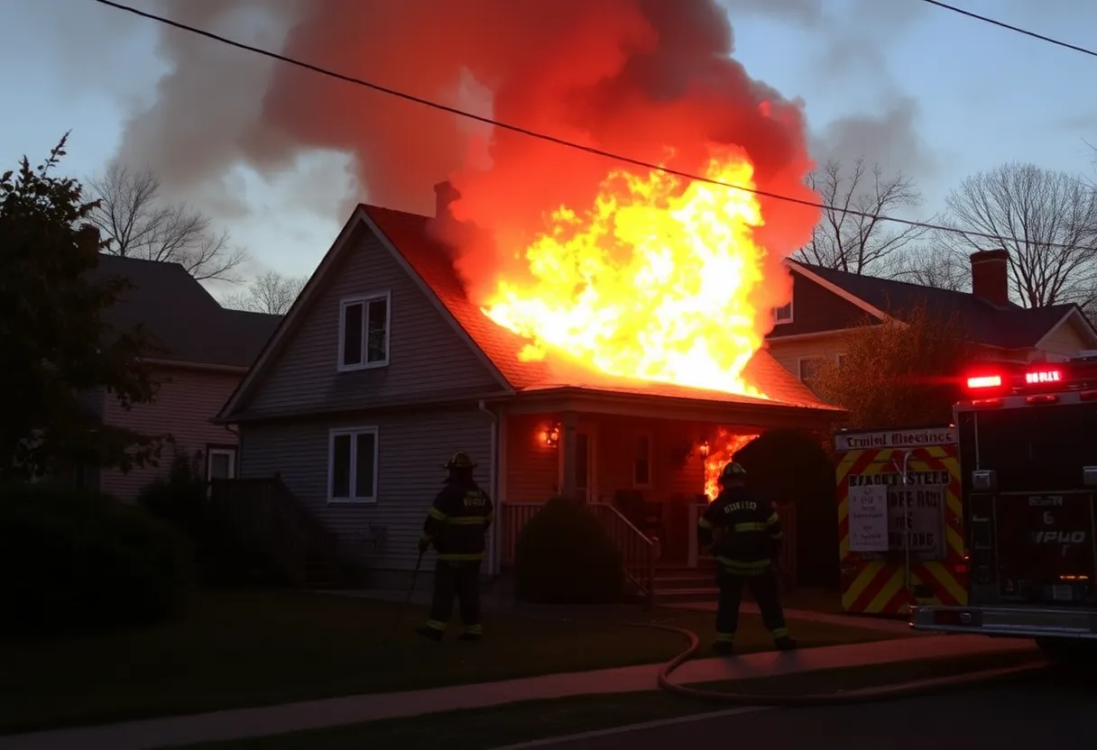 Firefighters extinguishing a house fire in a residential neighborhood