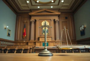 Courtroom scene representing justice and diversity in education.