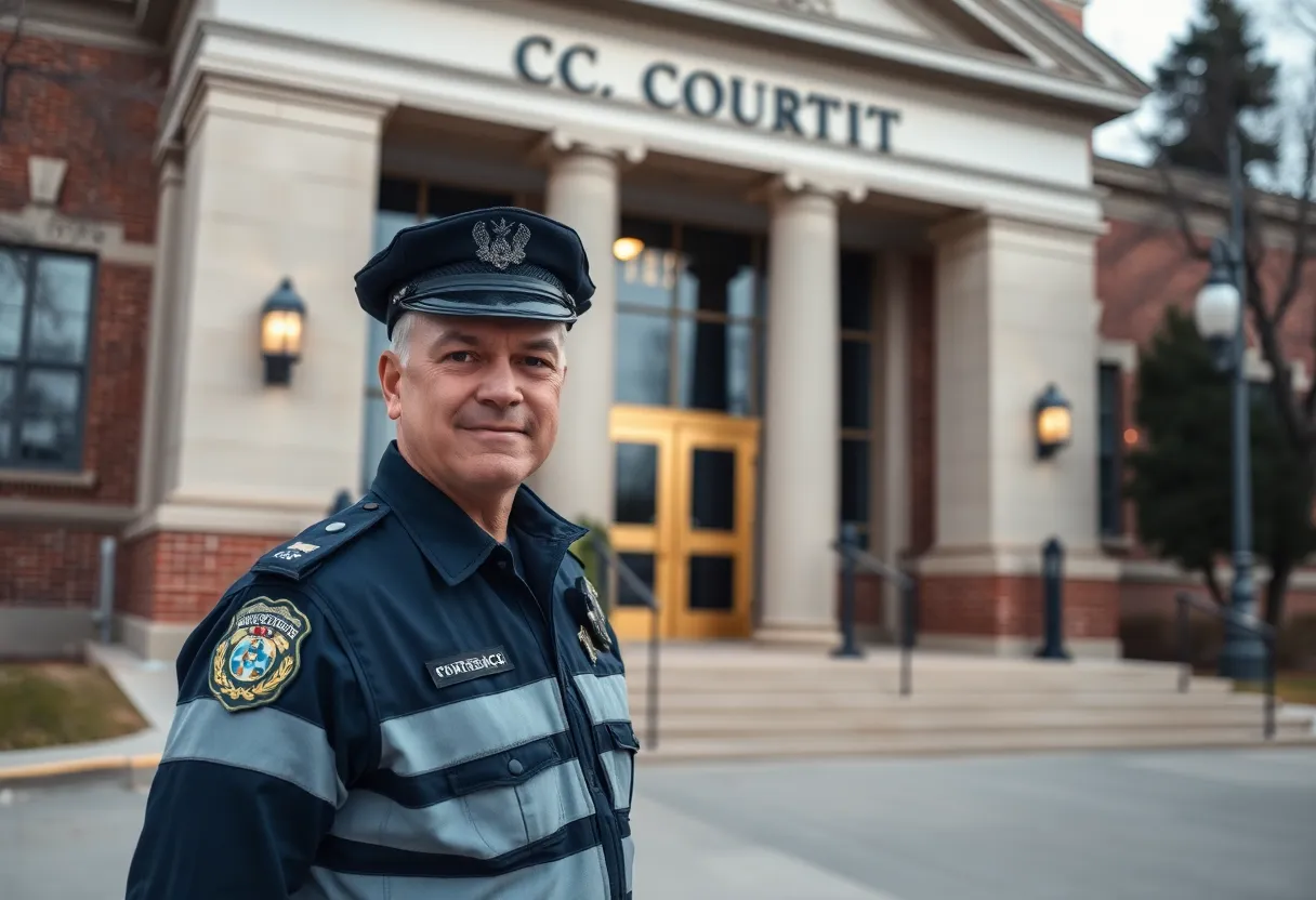 Police officer outside courthouse representing justice