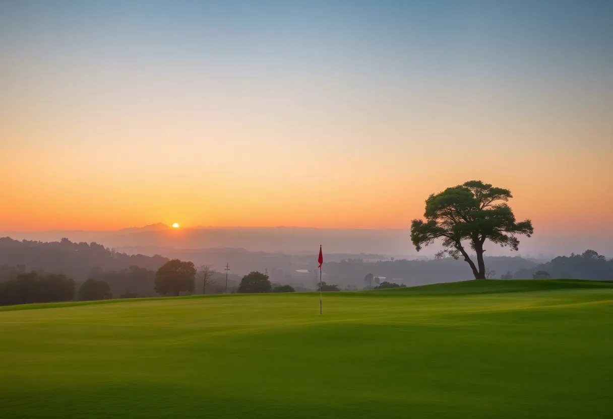 Serene golf course landscape at sunrise