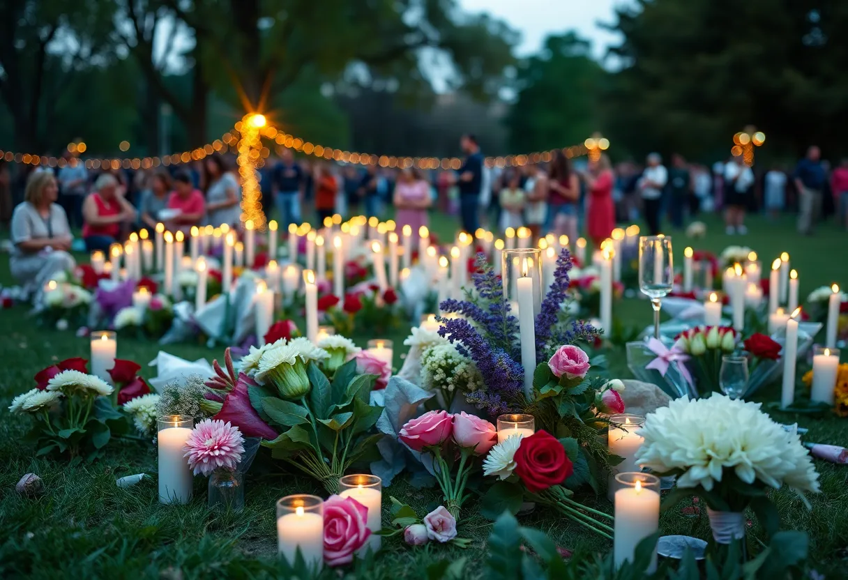 Community members gather in remembrance with candles and flowers.