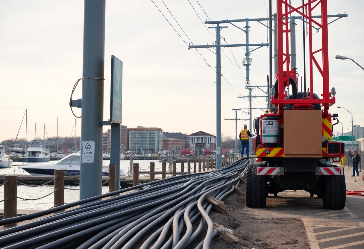 Construction work on electrical infrastructure at Long Wharf, Newport