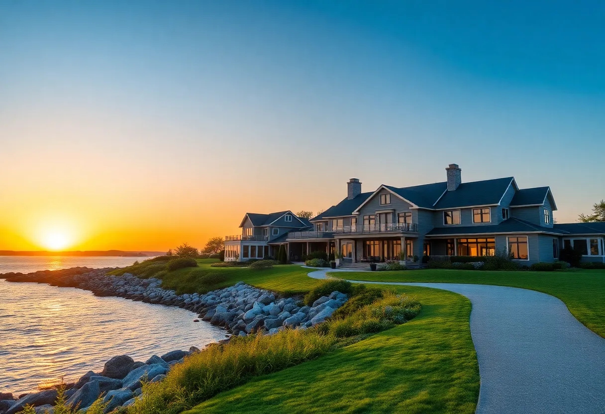 Scenic view of a luxury home in Rhode Island at sunset