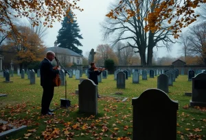 Musicians performing at the Mausoleum Hill Sessions in a historic burial ground.