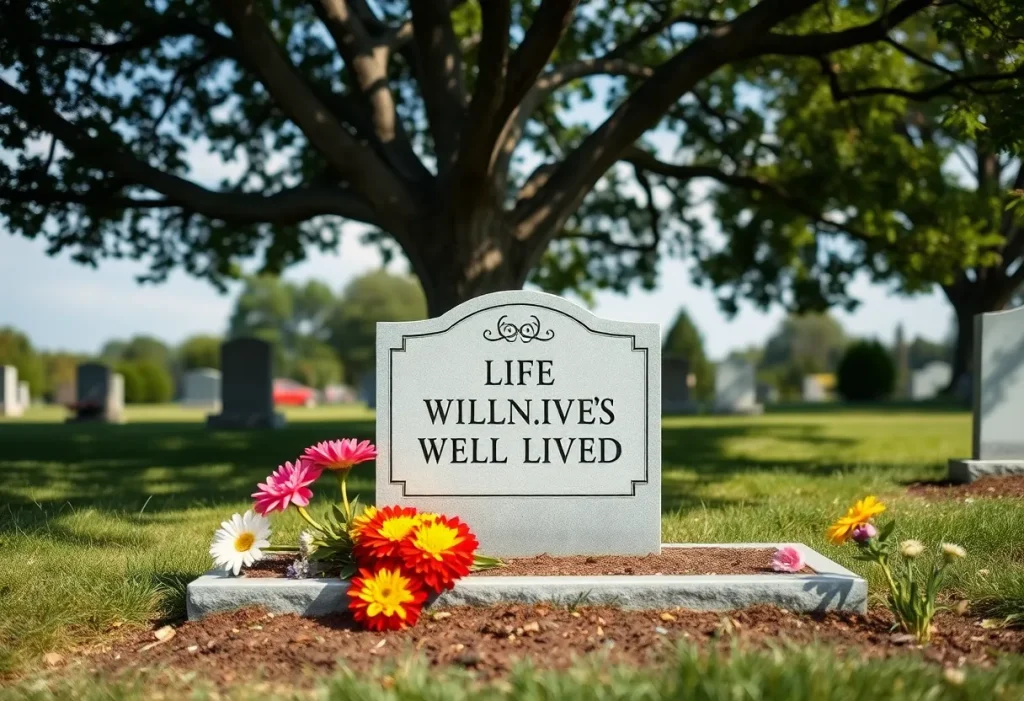 Grave marker surrounded by flowers in a peaceful cemetery