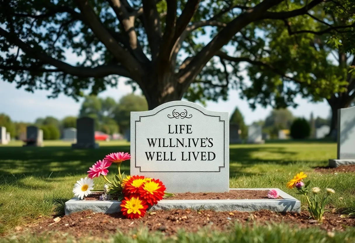 Grave marker surrounded by flowers in a peaceful cemetery