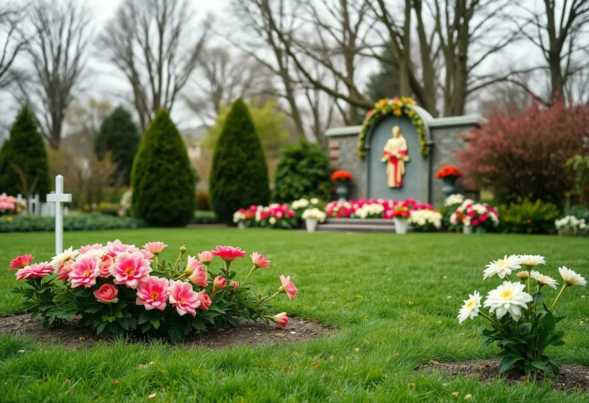 A serene memorial garden setting with flowers