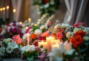 A beautiful memorial setup with flowers for Gregory G. Nason