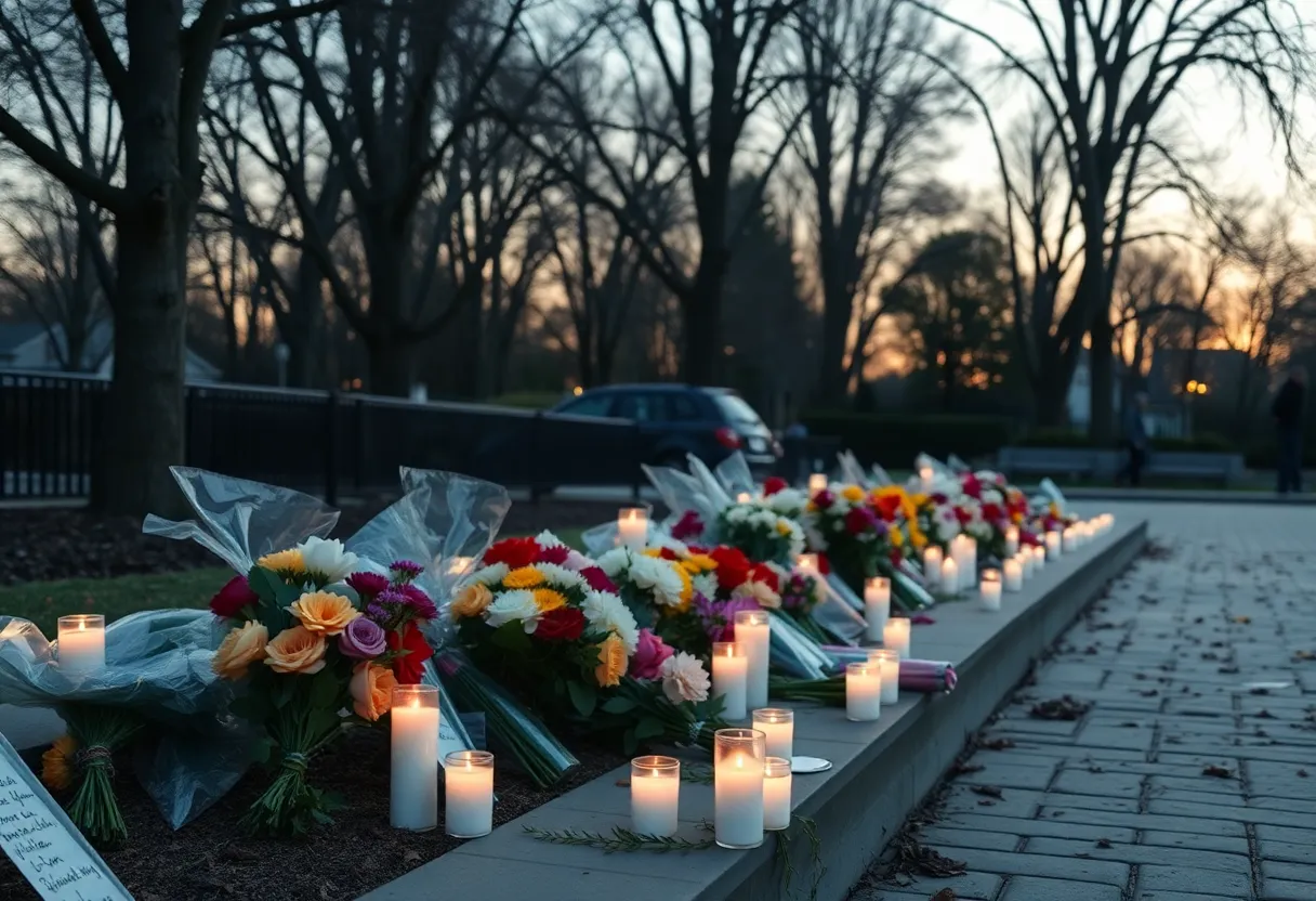 A peaceful memorial setting in a community park with flowers and candles.