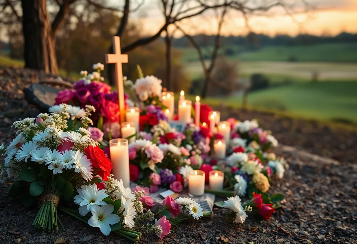 A memorial scene honoring Lois Bertini with flowers and candles.