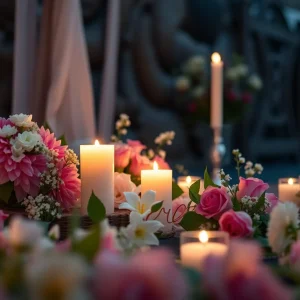 Memorial setting with flowers and candles