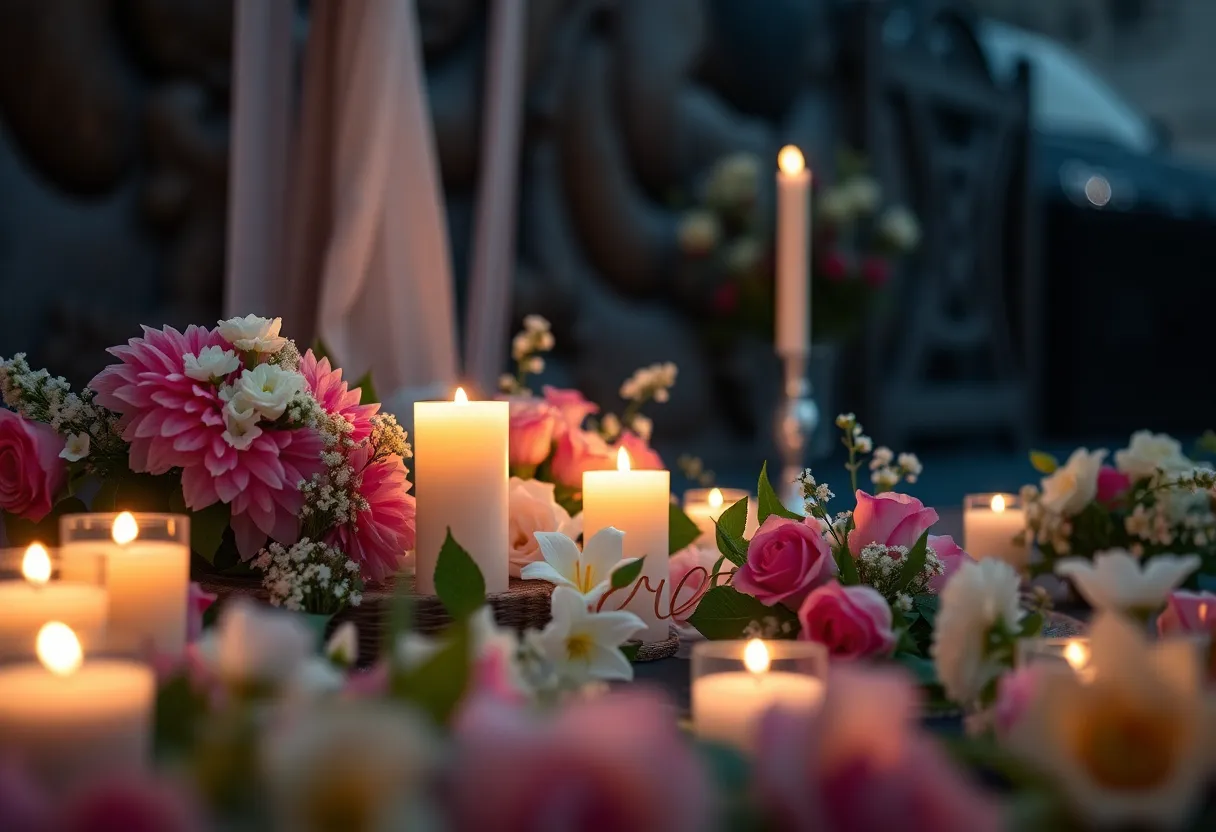 Memorial setting with flowers and candles