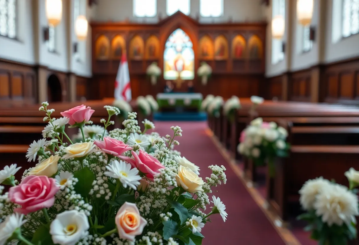 Memorial service setting with flowers and candles