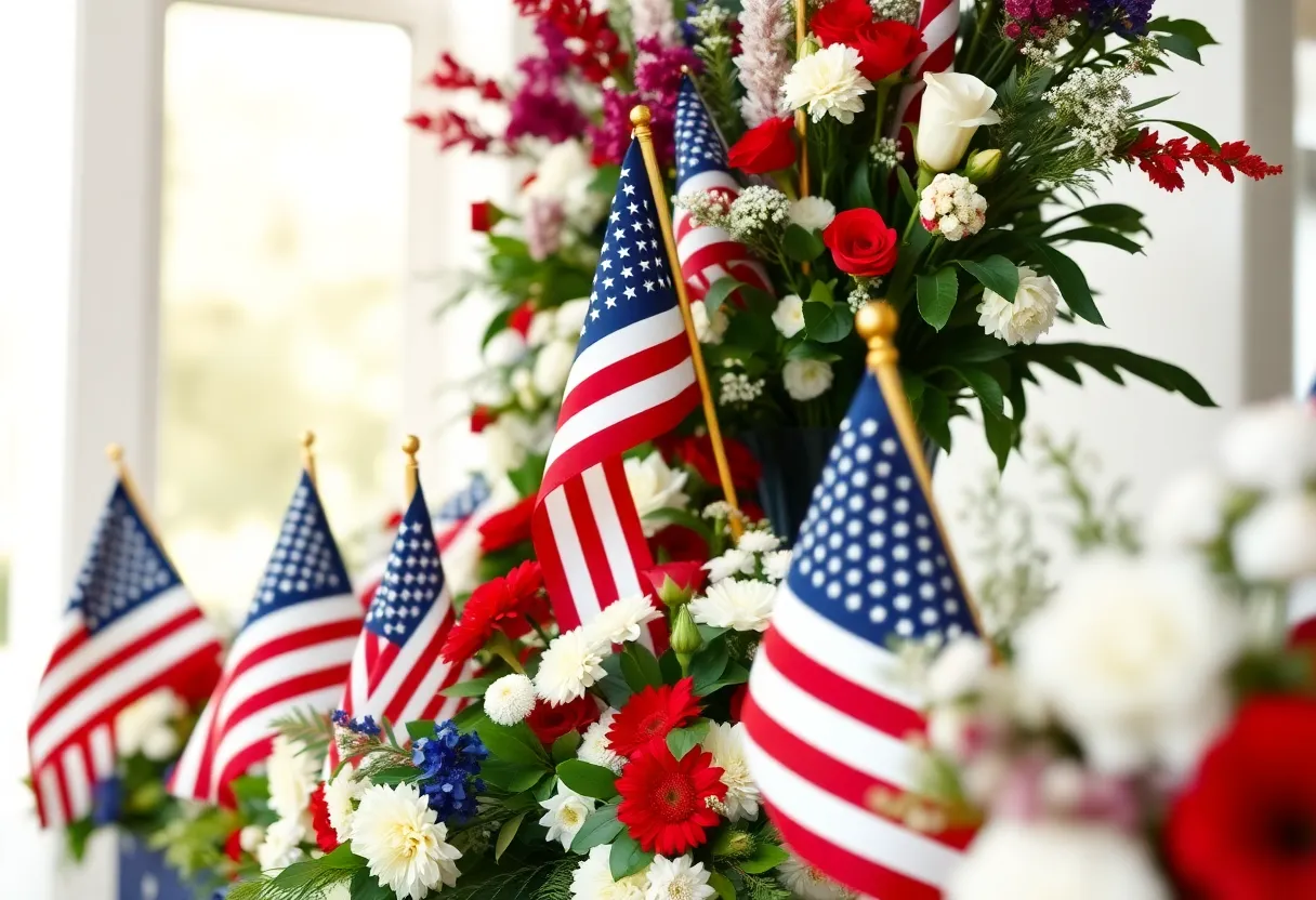 Patriotic memorial arrangement for a World War II veteran