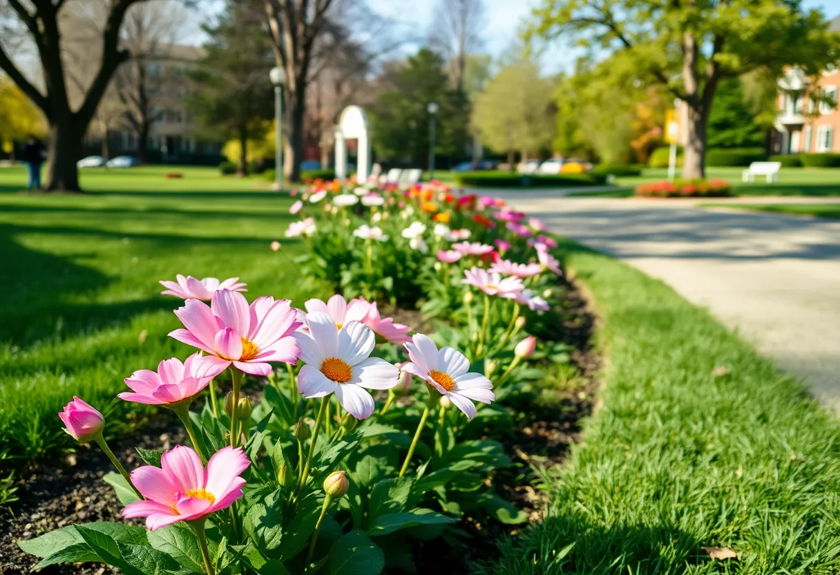 A peaceful park setting filled with blooming flowers, symbolizing remembrance of loved ones.