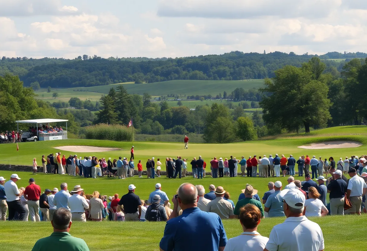 Golf tournament scene filled with players and spectators