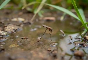 Image illustrating mosquitoes near standing water, highlighting the risks of West Nile Virus.