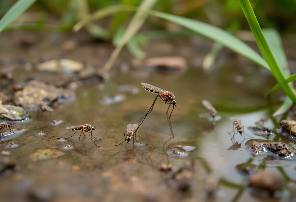 Image illustrating mosquitoes near standing water, highlighting the risks of West Nile Virus.