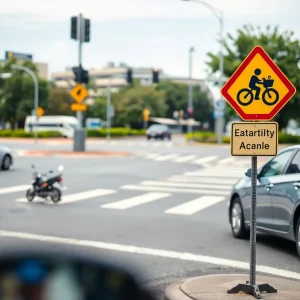 Motorcycle safety signage at a busy intersection
