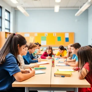 A colorful classroom with diverse students participating in group activities.