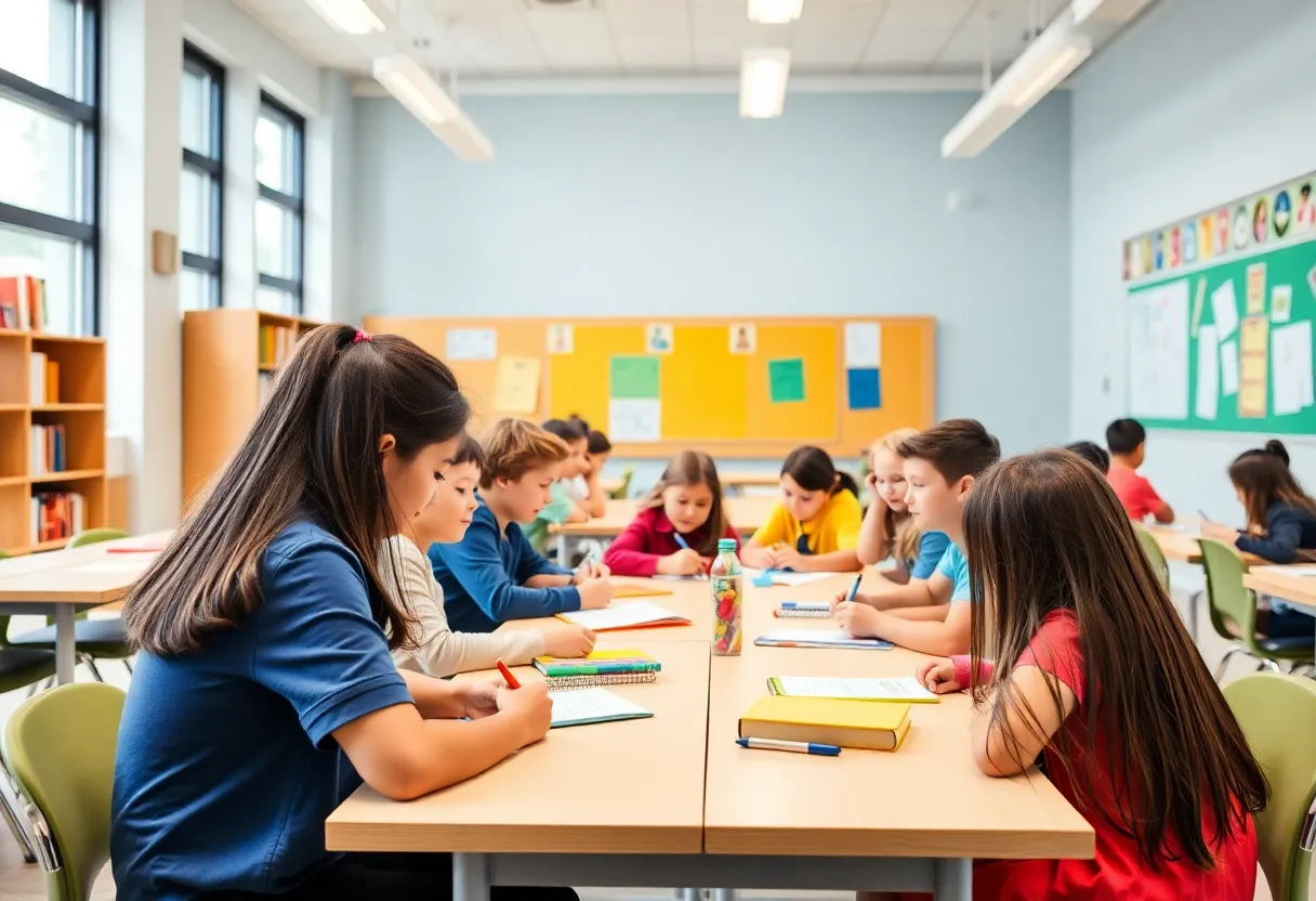 A colorful classroom with diverse students participating in group activities.