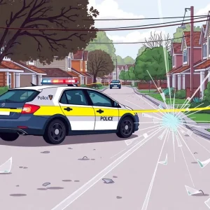 Police car at a crime scene with broken glass