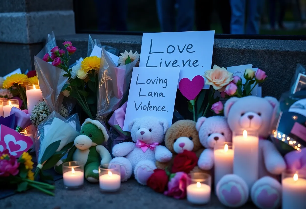 Memorial dedicated to Ny’eil Pires, featuring flowers and candles.