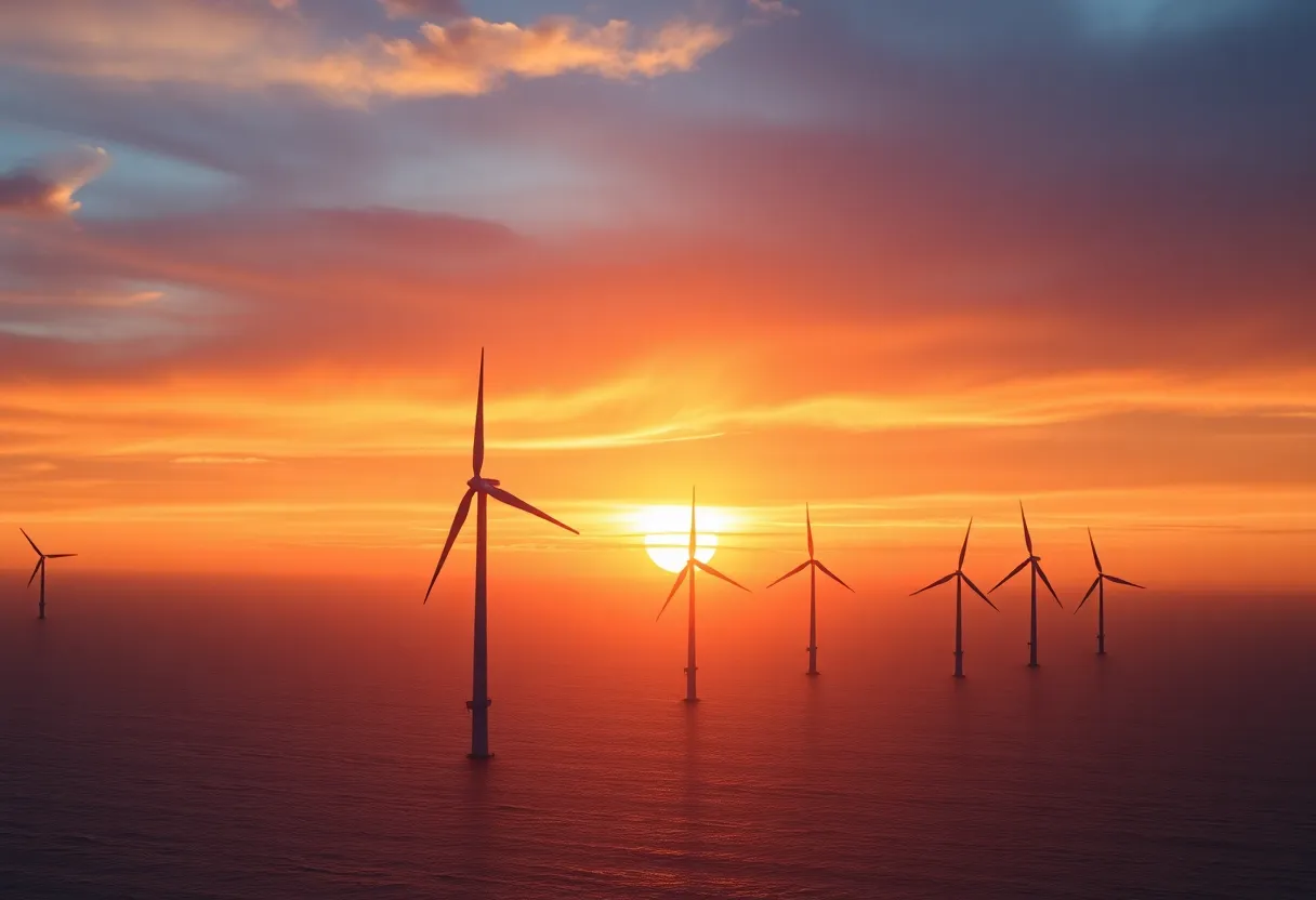 Aerial view of offshore wind turbines with sunset in the background.