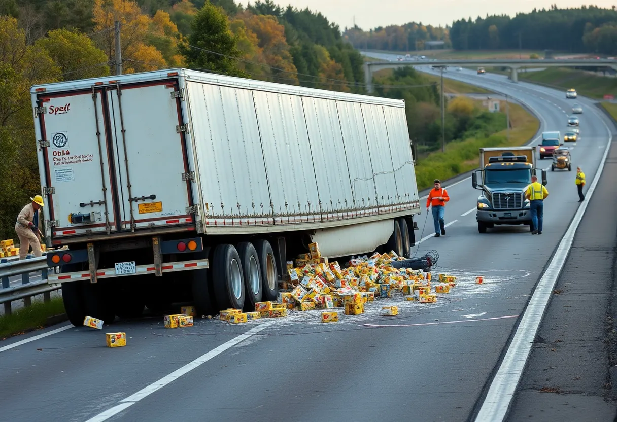Tractor-trailer truck accident with beer boxes spilled on highway
