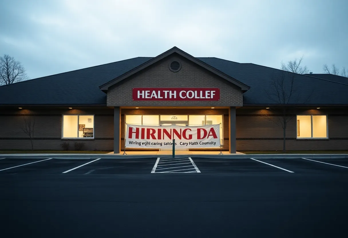 Facade of a community health center building with a sign indicating layoffs.