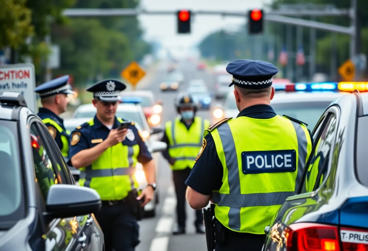 Police officers conducting DUI checks at a traffic checkpoint