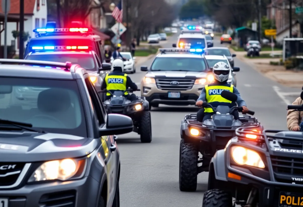 Police vehicles and seized ATVs during a law enforcement operation targeting reckless riding
