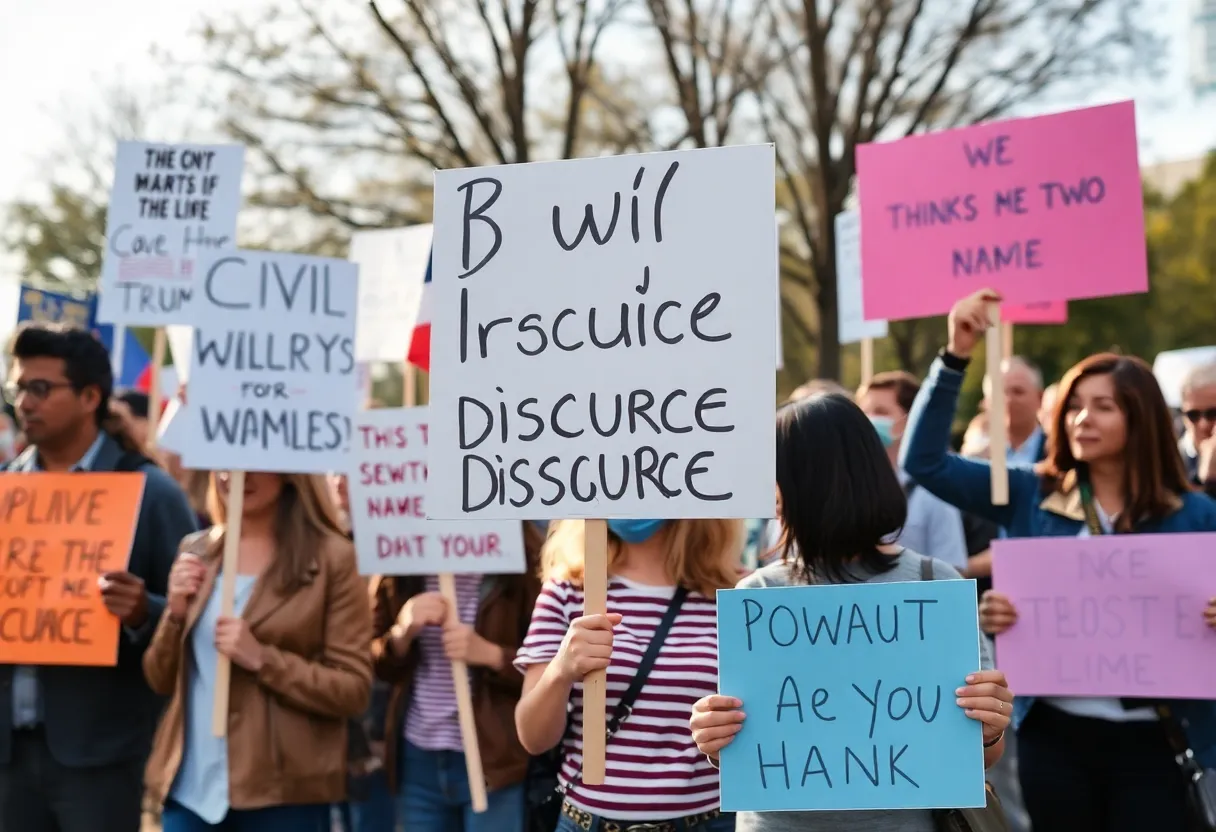 Demonstrators advocating for peaceful political discourse