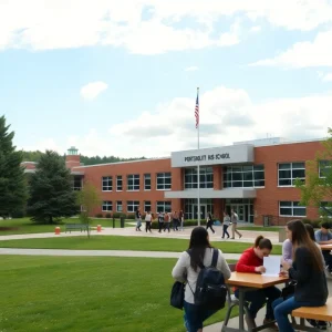 Exterior view of Portsmouth High School with students in the foreground