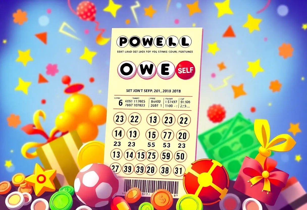 Artistic representation of a Powerball lottery ticket with lucky charms